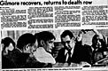 News story re: Suicide attempts by Gary Gilmore and Nicole Baker: "Gilmore recovers, returns to death row"