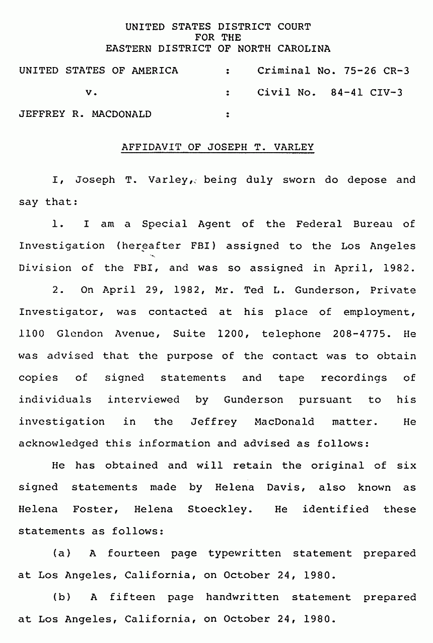 June 29, 1984: Affidavit of Joseph Varley (FBI) re: Ted Gunderson p. 1 of 4