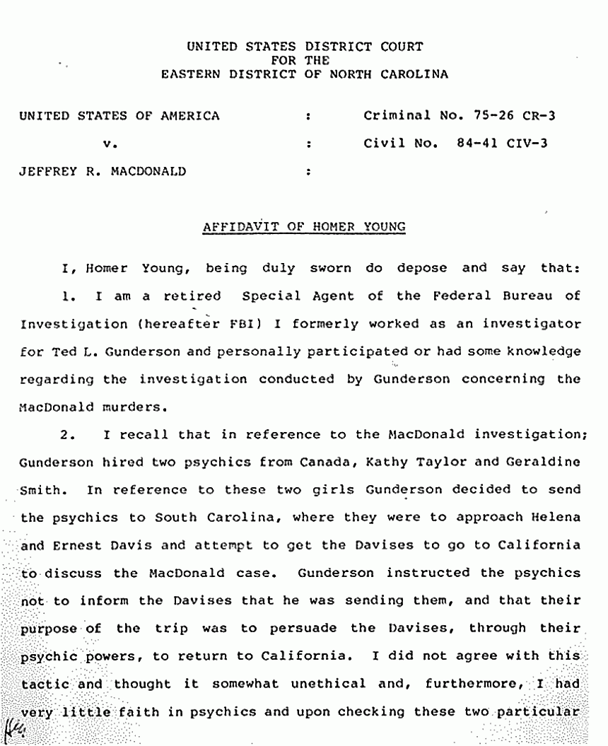 July 3, 1984: Affidavit of Homer Young (FBI, retired) re: Ted Gunderson p. 1 of 4
