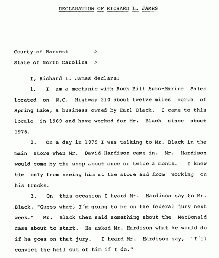 September 7, 1988: Declaration of Richard James re: Jury Foreman David Hardison (U.S. vs. Jeffrey MacDonald, 1979), p. 1 of 2