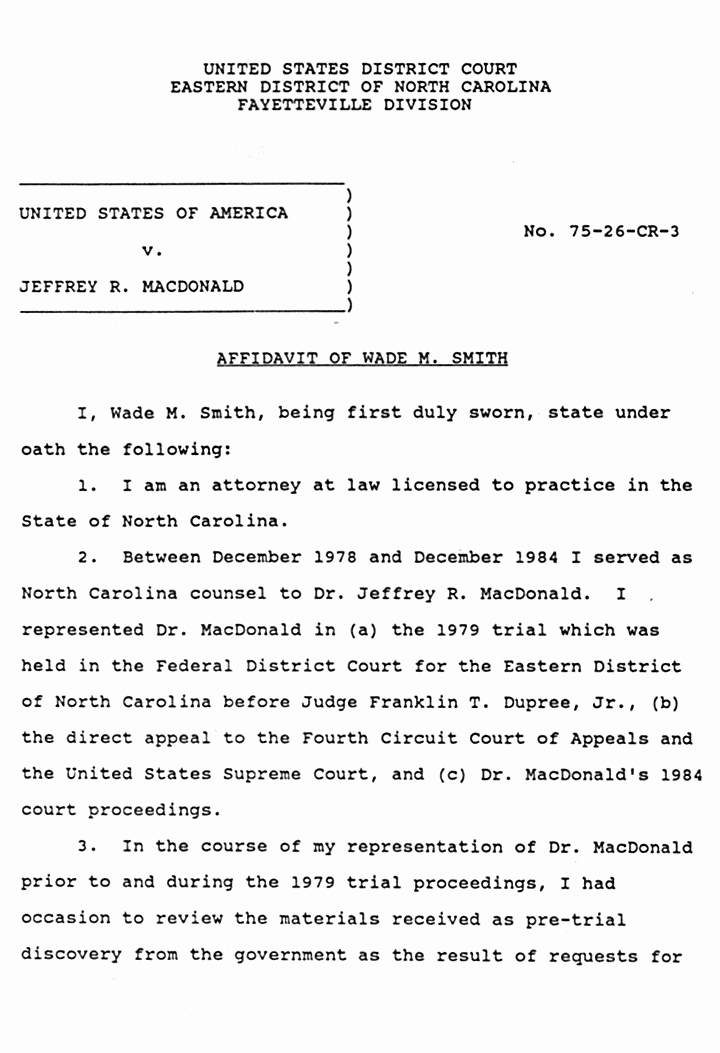 Wade Smith affidavit re Jeffrey MacDonald case Lab Notes Jeffrey