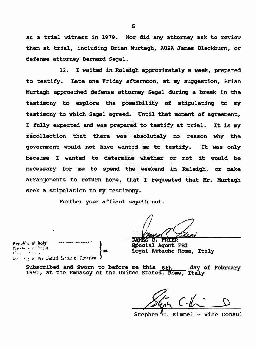February 8, 1991: Affidavit of James Frier (FBI) re: Examinations of Physical Evidence p. 5 of 5