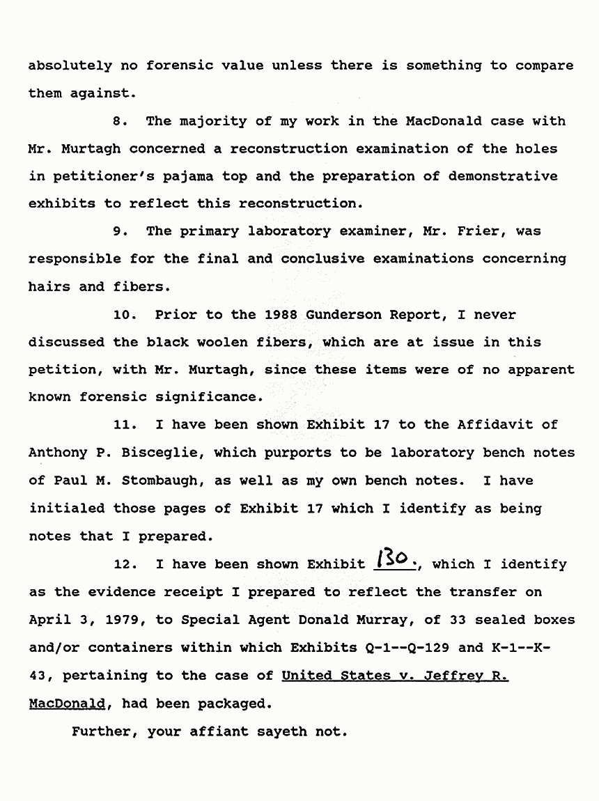 February 13, 1991: Affidavit of Shirley Green (FBI) re: Examinations of Physical Evidence p. 4 of 5