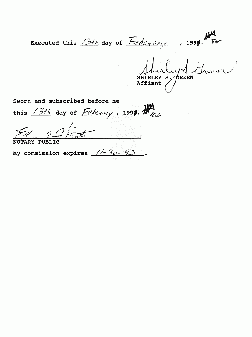 February 13, 1991: Affidavit of Shirley Green (FBI) re: Examinations of Physical Evidence p. 5 of 5