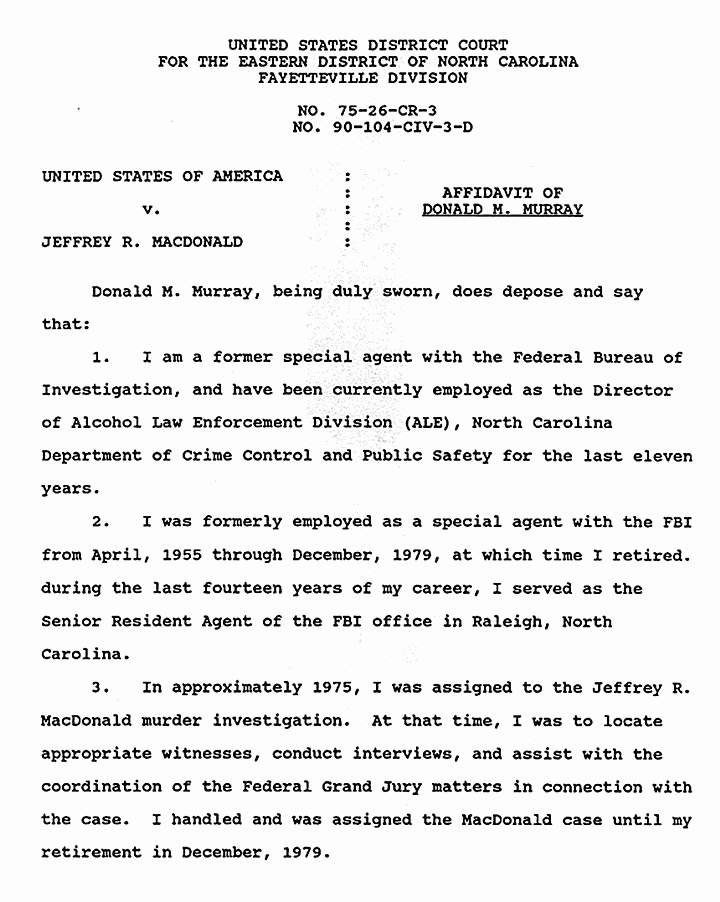 February 18, 1991: Affidavit of Donald Murray (FBI, retired) re: Chain of Custody and Discovery p. 1 of 4