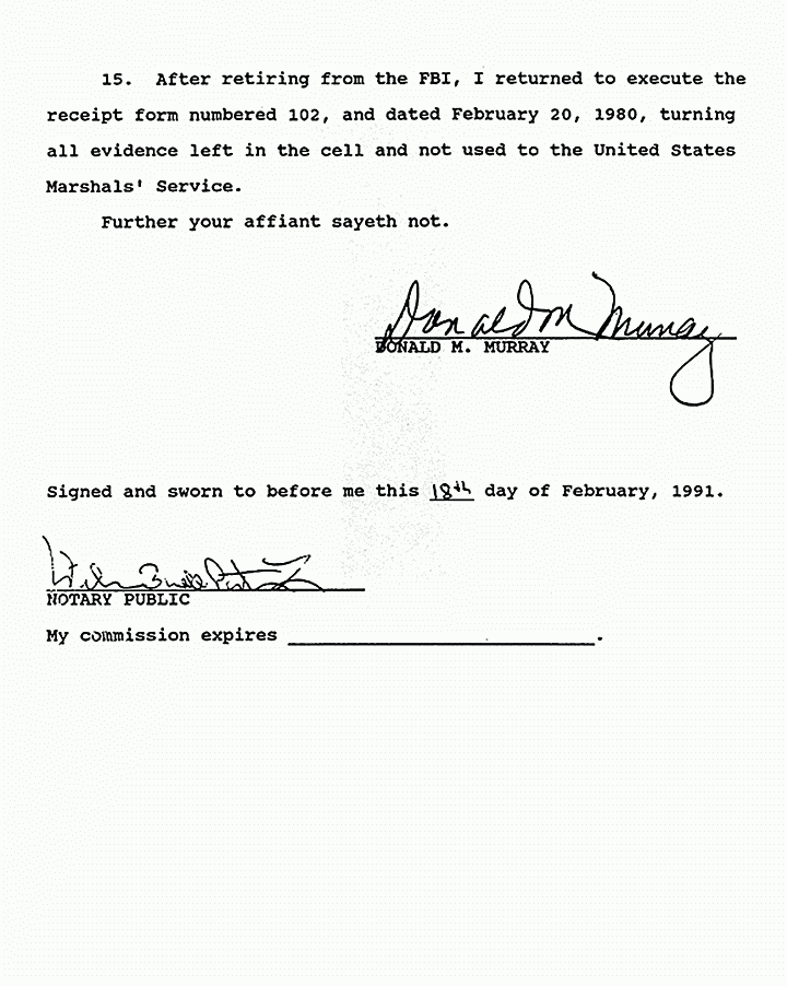 February 18, 1991: Affidavit of Donald Murray (FBI, retired) re: Chain of Custody and Discovery p. 4 of 4