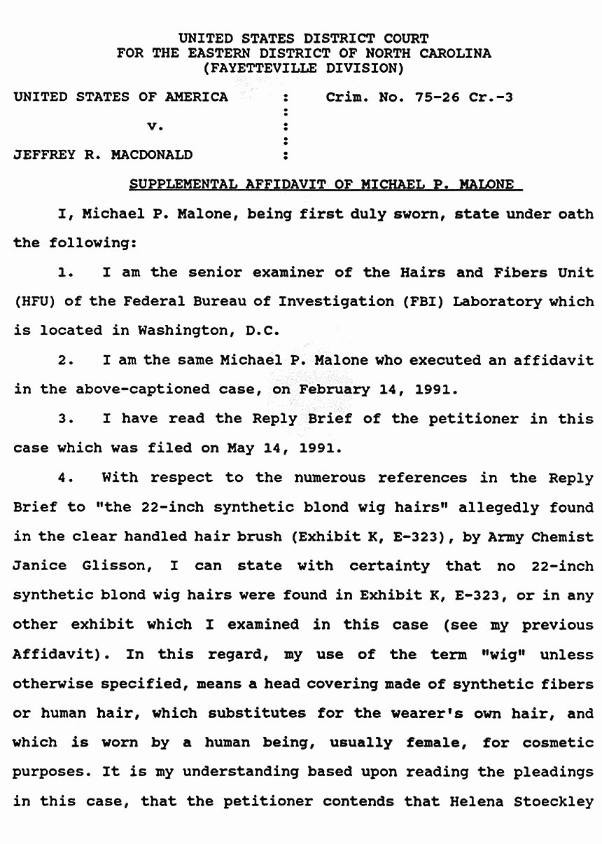 May 21, 1991: Supplemental Affidavit of Michael Malone (FBI) re: Synthetic Fibers p. 1 of 5