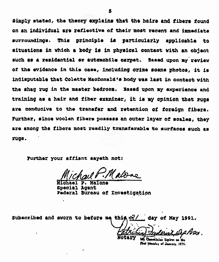 May 21, 1991: Supplemental Affidavit of Michael Malone (FBI) re: Synthetic Fibers p. 5 of 5