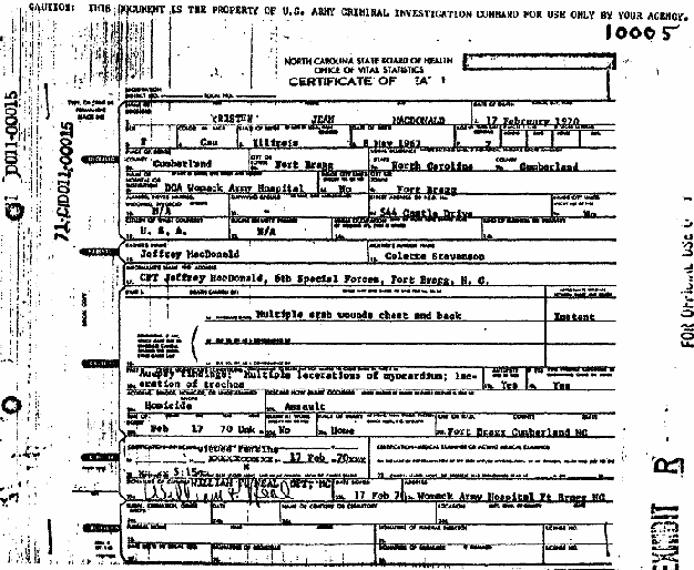 Death certificate and autopsy report of Kristen MacDonald, p. 1 of 14