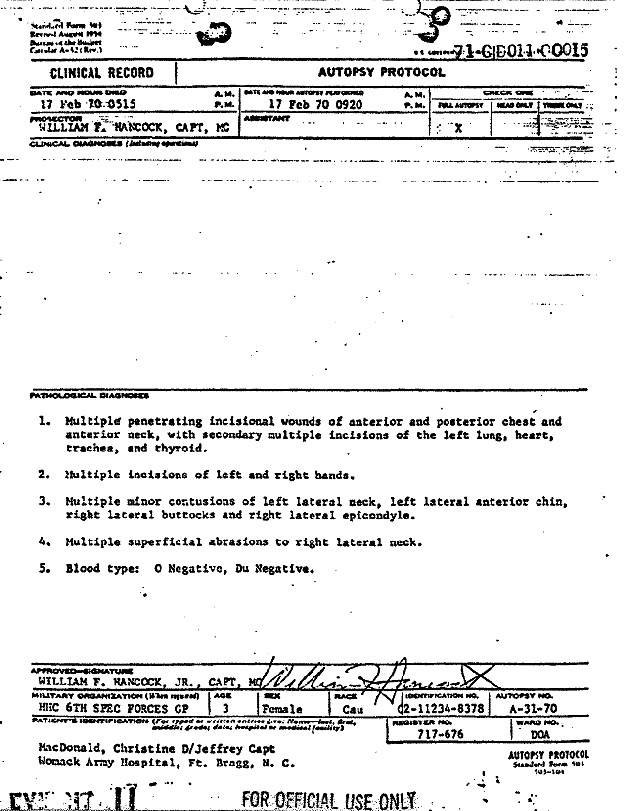 Death certificate and autopsy report of Kristen MacDonald, p. 2 of 14
