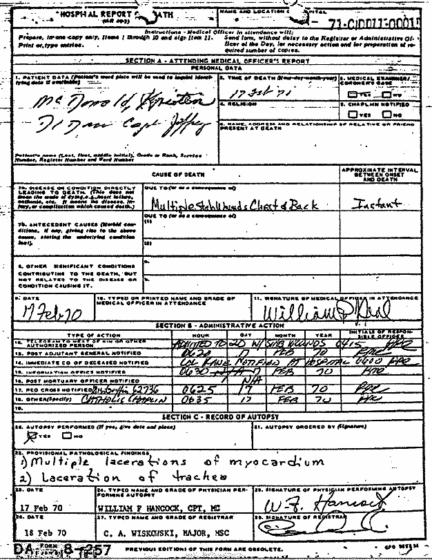 Death certificate and autopsy report of Kristen MacDonald, p. 10 of 14