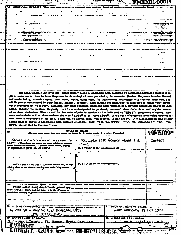 Death certificate and autopsy report of Kristen MacDonald, p. 12 of 14