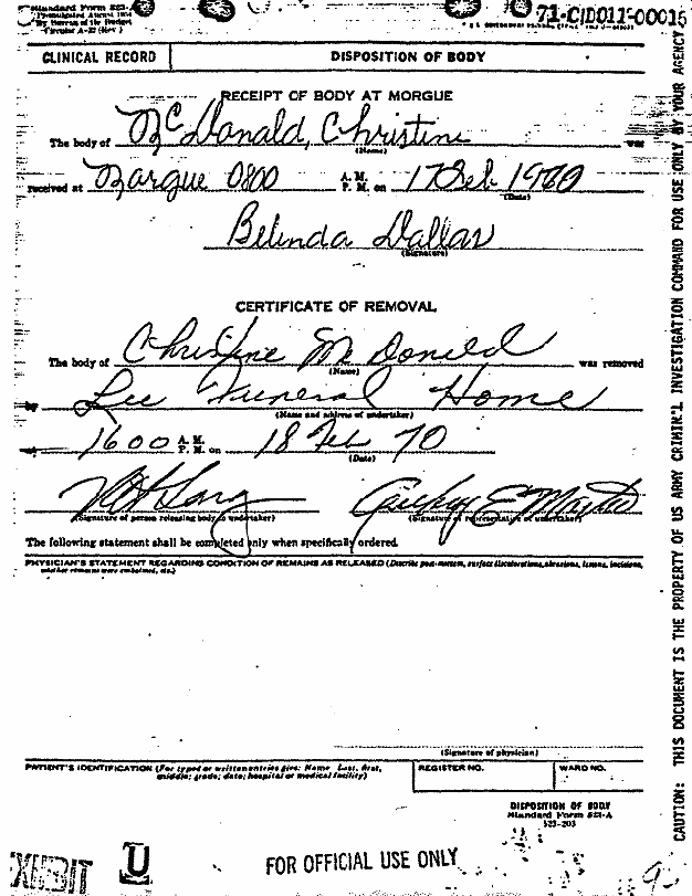 Death certificate and autopsy report of Kristen MacDonald, p. 14 of 14