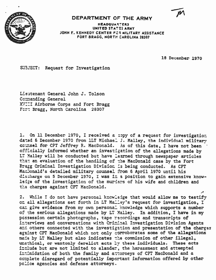 December 18, 1970: Letter from James Douthat to Lt. General John Tolson re: Allegations by Michael Malley, p. 1 of 2
