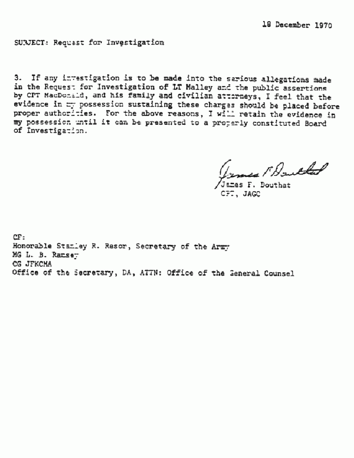December 18, 1970: Letter from James Douthat to Lt. General John Tolson re: Allegations by Michael Malley, p. 2 of 2