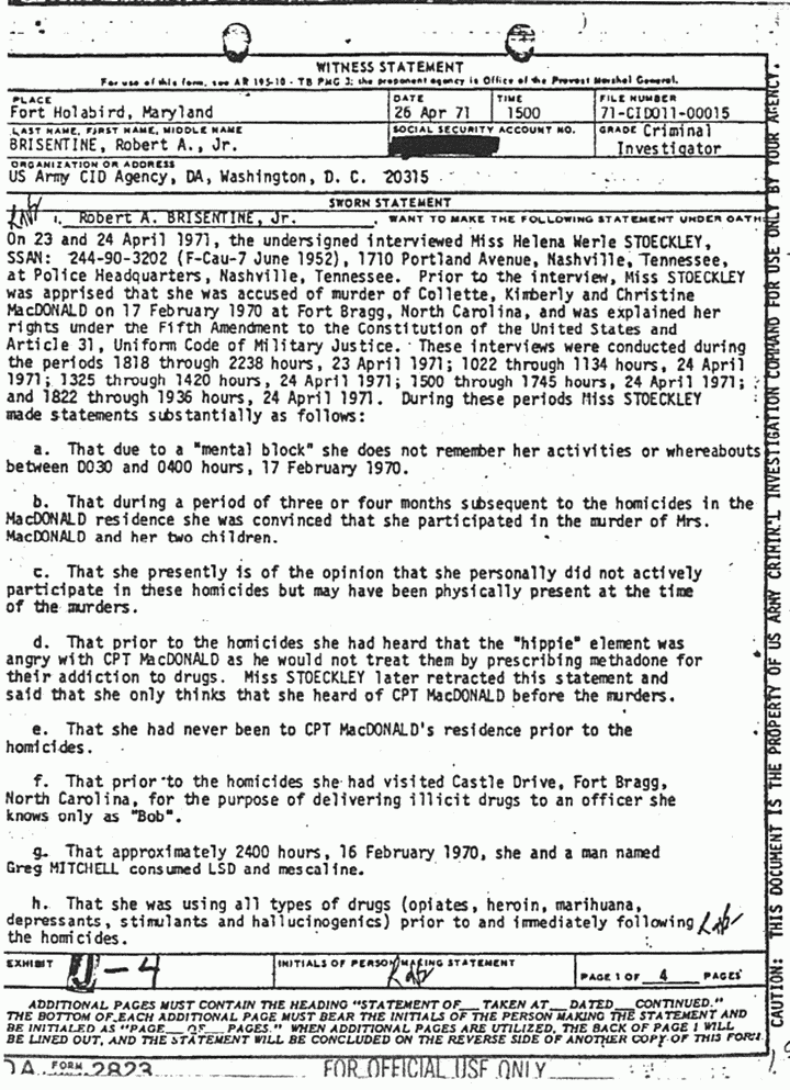April 26, 1971: Statement of Robert Brisentine re: Helena Stoeckley, p. 1 of 4