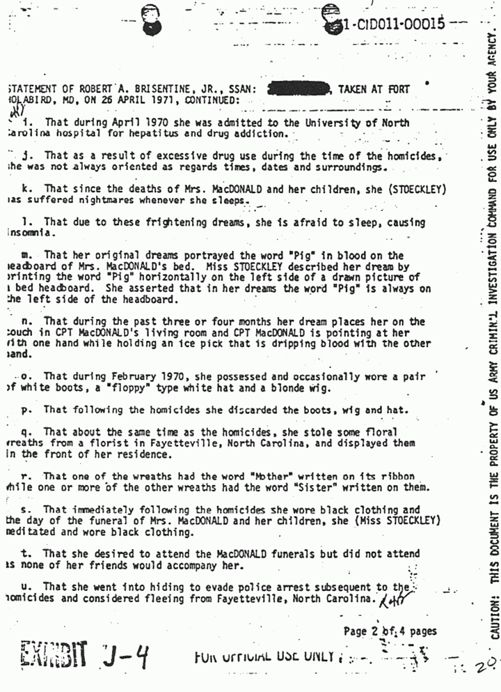 April 26, 1971: Statement of Robert Brisentine re: Helena Stoeckley, p. 2 of 4