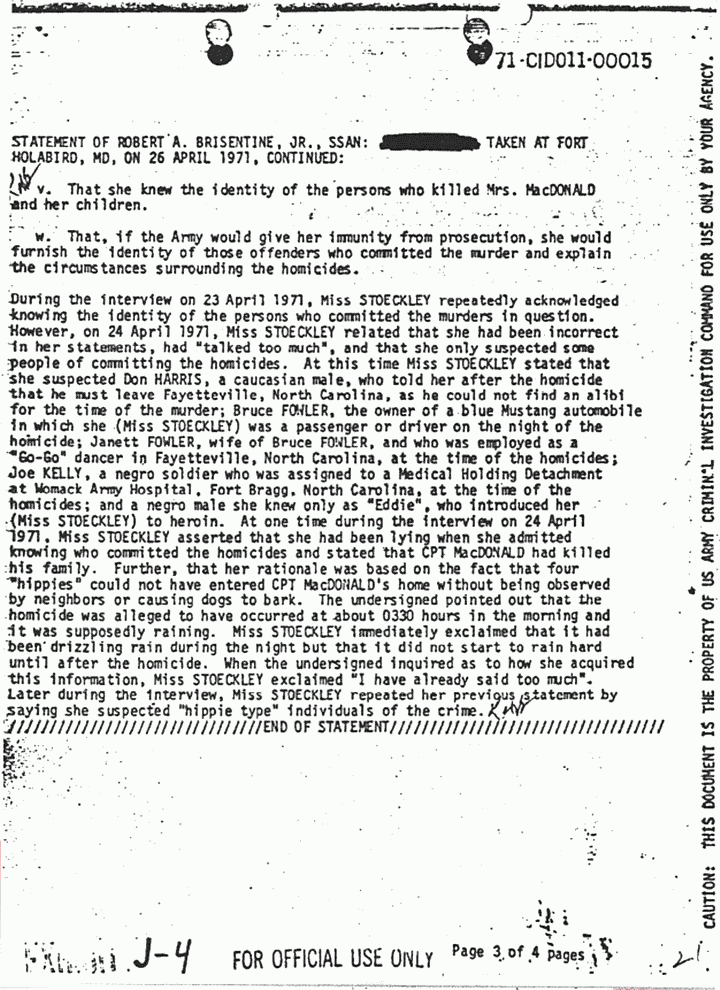 April 26, 1971: Statement of Robert Brisentine re: Helena Stoeckley, p. 3 of 4