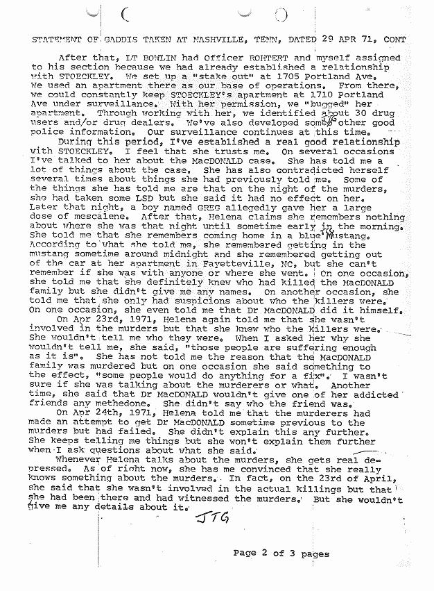 April 29, 1971: Statement of James Gaddis re: Helena Stoeckley, p. 2 of 3