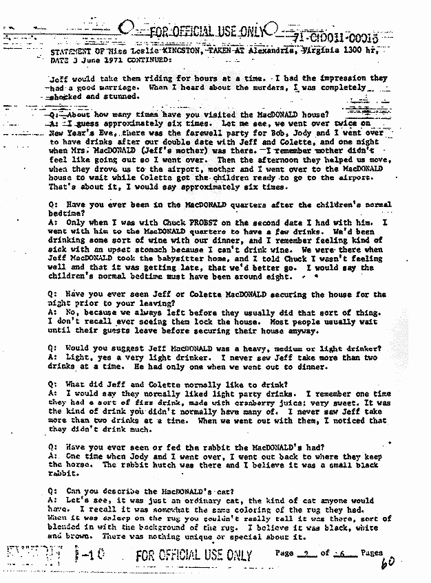 Leslie Kingston CID statement Jeffrey MacDonald Case