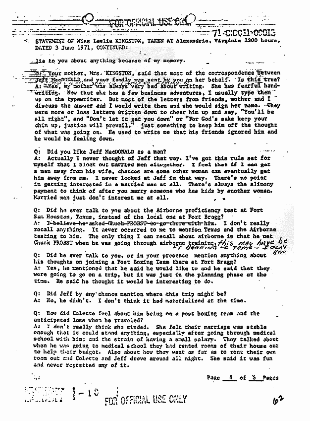 Leslie Kingston CID statement Jeffrey MacDonald Case