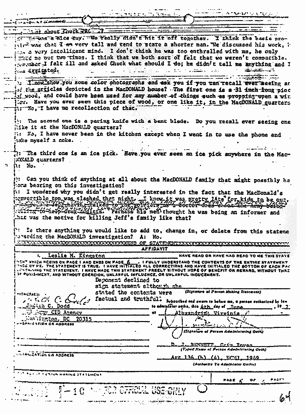 Leslie Kingston CID statement Jeffrey MacDonald Case