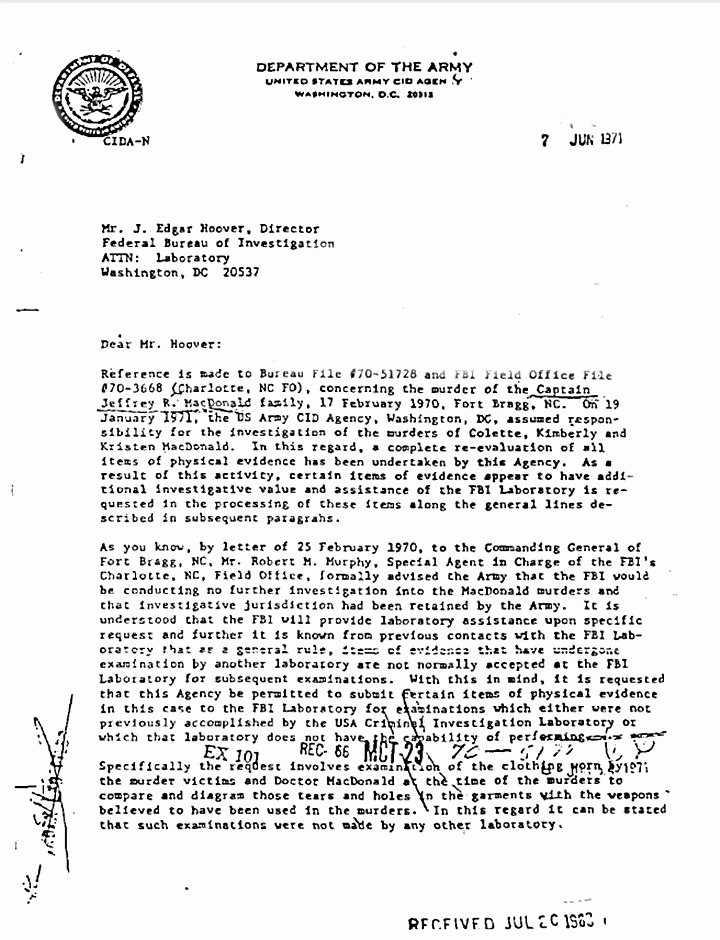 June 7, 1971: Letter from Col. Henry Tufts (CID) to J. Edgar Hoover (FBI) re: Request for examinations on clothing, p. 1 of 4