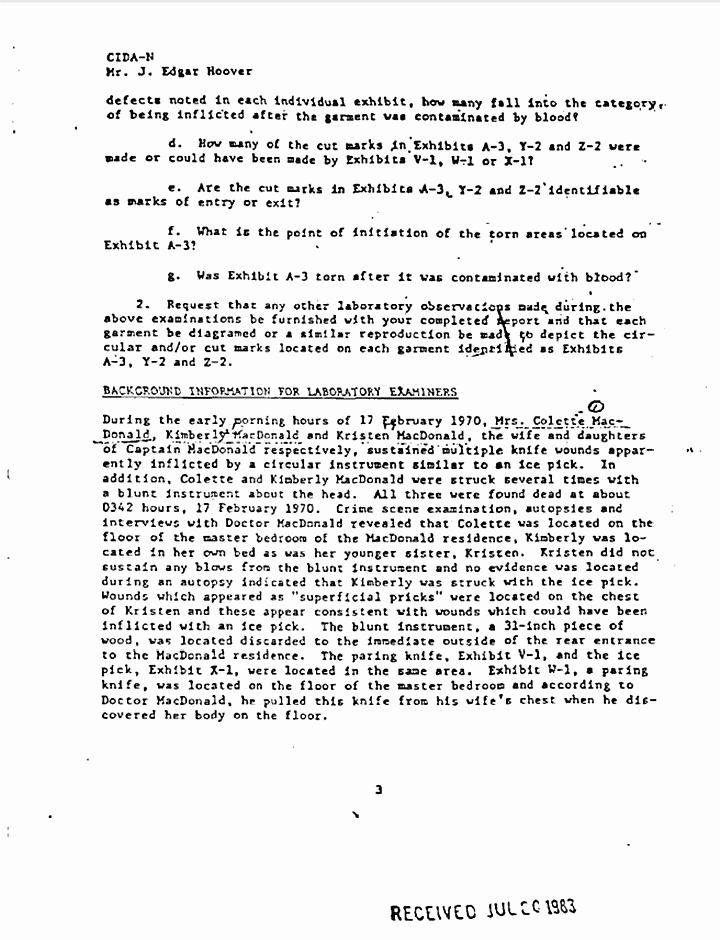 June 7, 1971: Letter from Col. Henry Tufts (CID) to J. Edgar Hoover (FBI) re: Request for examinations on clothing, p. 3 of 4