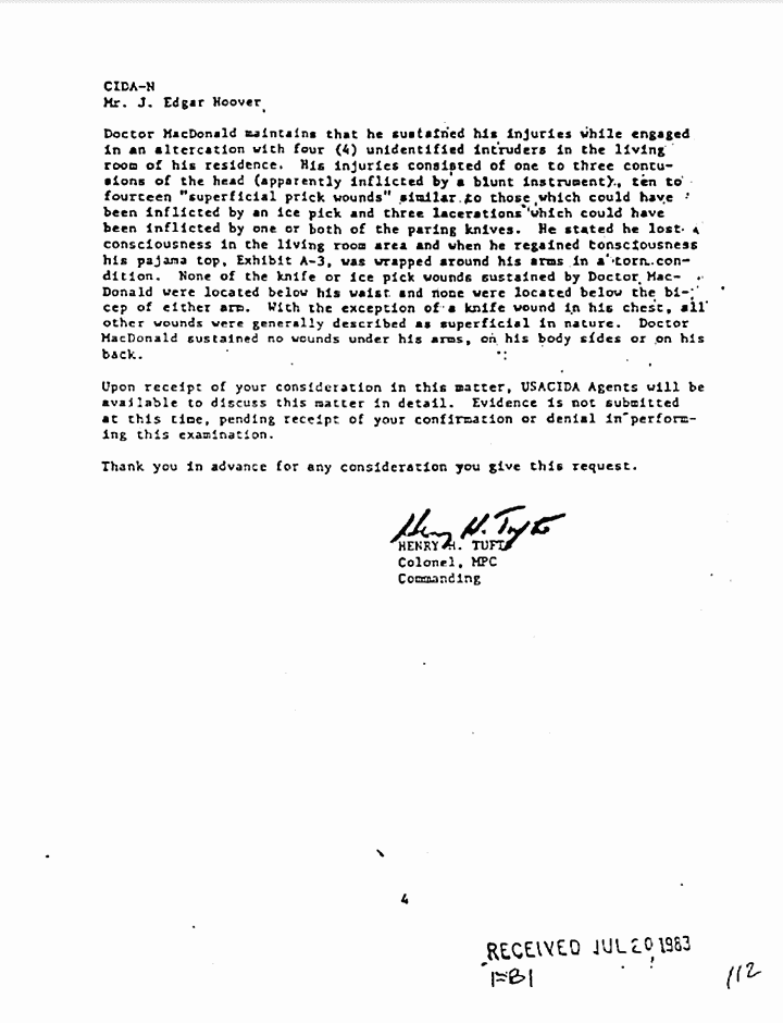 June 7, 1971: Letter from Col. Henry Tufts (CID) to J. Edgar Hoover (FBI) re: Request for examinations on clothing, p. 4 of 4