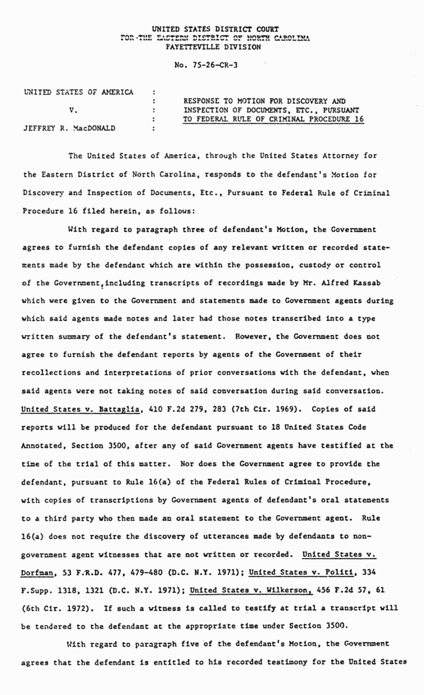 Response to Motion For Discovery, April 1975 Jeffrey MacDonald Case