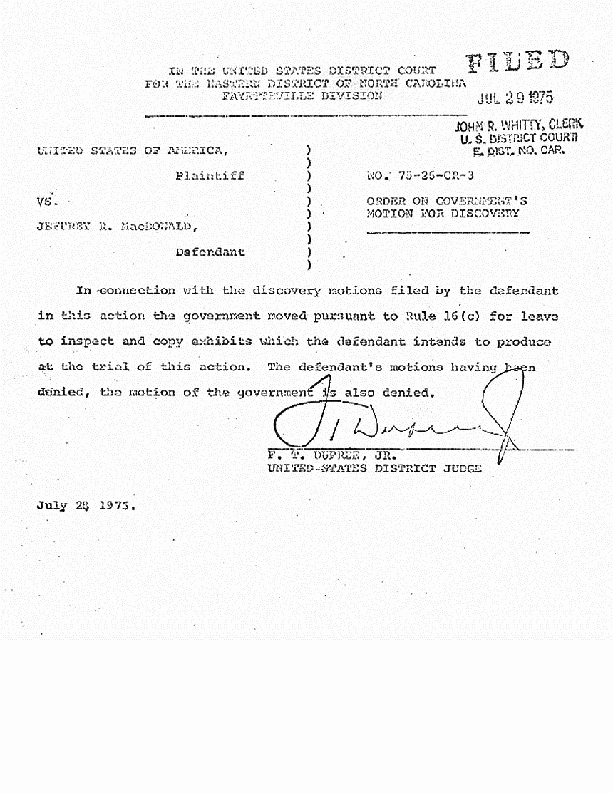 Order on Motion for Discovery, July 1975 Jeffrey MacDonald Case