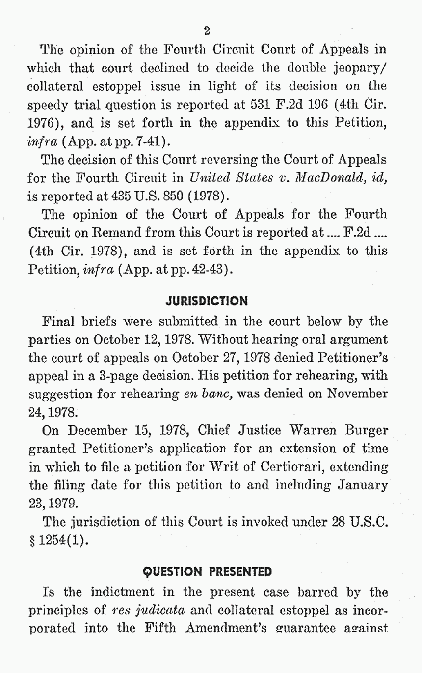 Petition by MacDonald for Writ of Certiorari, Jan. 23, 1979 Jeffrey