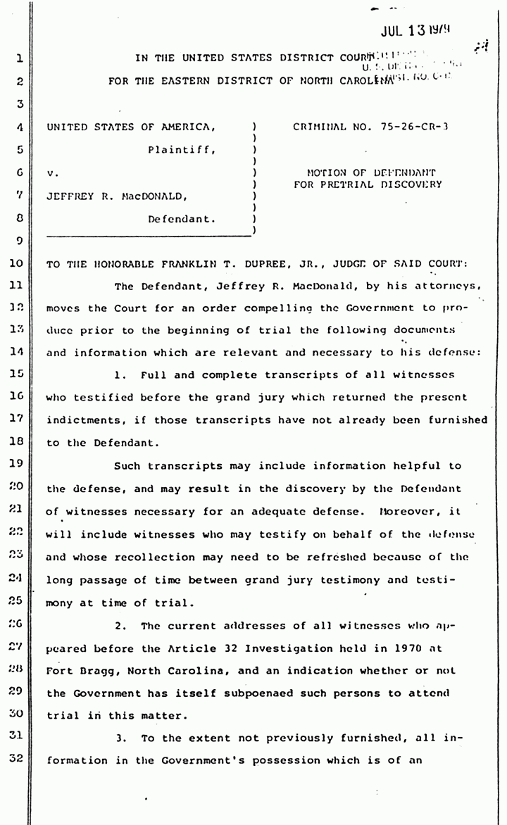 MacDonald Motion for Pretrial Discovery, June 1979 Jeffrey MacDonald Case