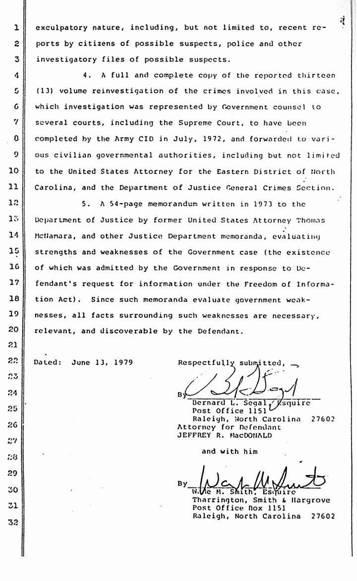 MacDonald Motion for Pretrial Discovery, June 1979 Jeffrey MacDonald Case