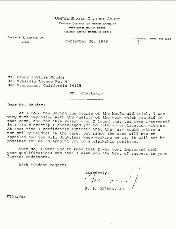 September 26, 1979: Letter from Judge Franklin Dupree to Wendy Rouder, re: Clerkship