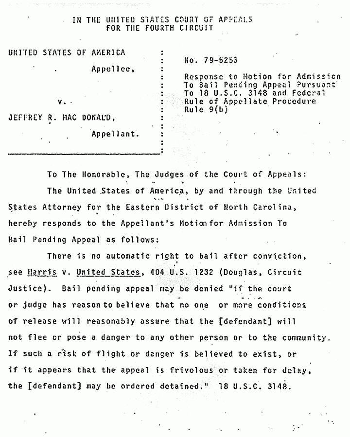 October 16, 1979: U. S. Court of Appeals for the 4th Circuit: U. S. Response to Motion by Jeffrey MacDonald for Admission to Bail Pending Appeal, p. 1 of 6