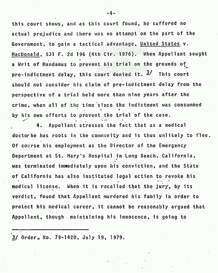 October 16, 1979: U. S. Court of Appeals for the 4th Circuit: U. S. Response to Motion by Jeffrey MacDonald for Admission to Bail Pending Appeal, p. 4 of 6