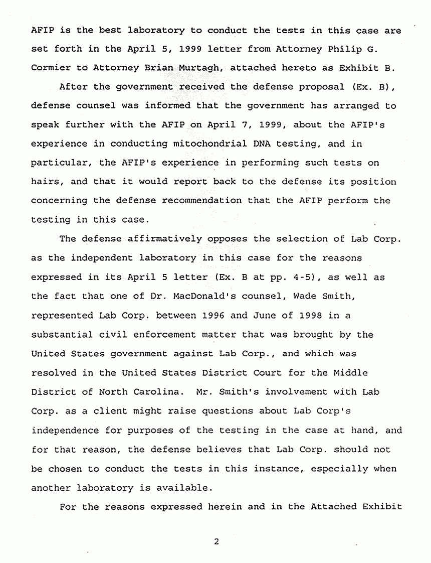 April 7, 1999: Jeffrey MacDonald's Report Concerning Selection of an Independent Laboratory to Conduct DNA Testing p. 2 of 4
