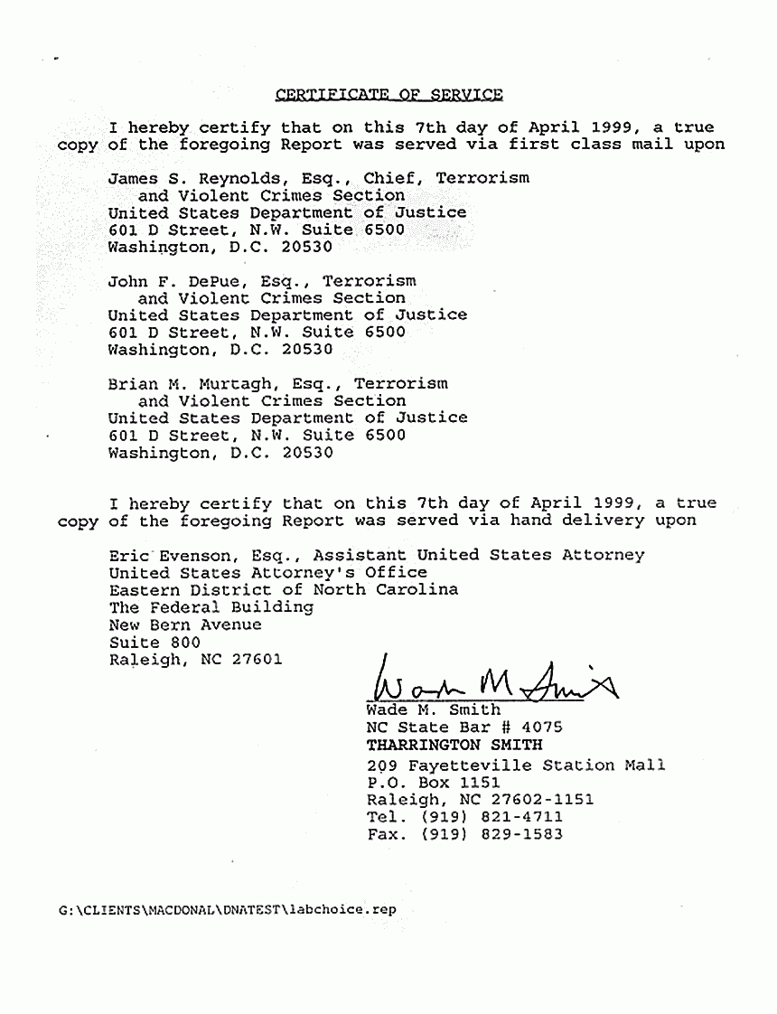April 7, 1999: Jeffrey MacDonald's Report Concerning Selection of an Independent Laboratory to Conduct DNA Testing p. 4 of 4
