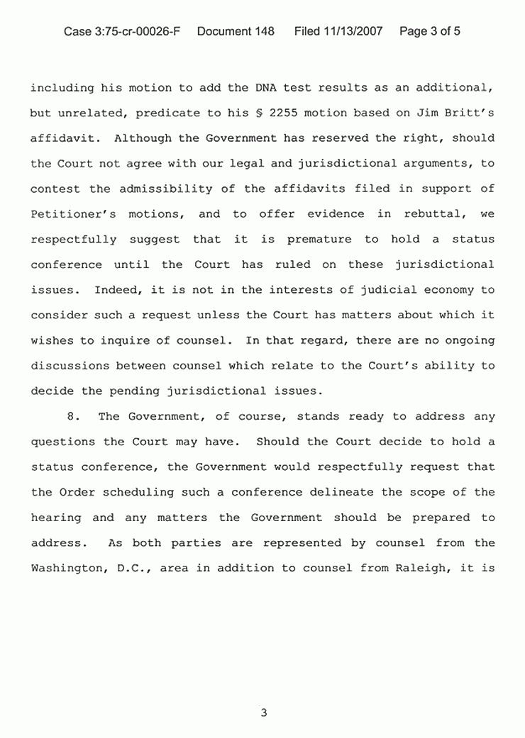 November 13, 2007: Response of the United States to Request of Movant re: Consideration of Status Conference, p. 3 of 5