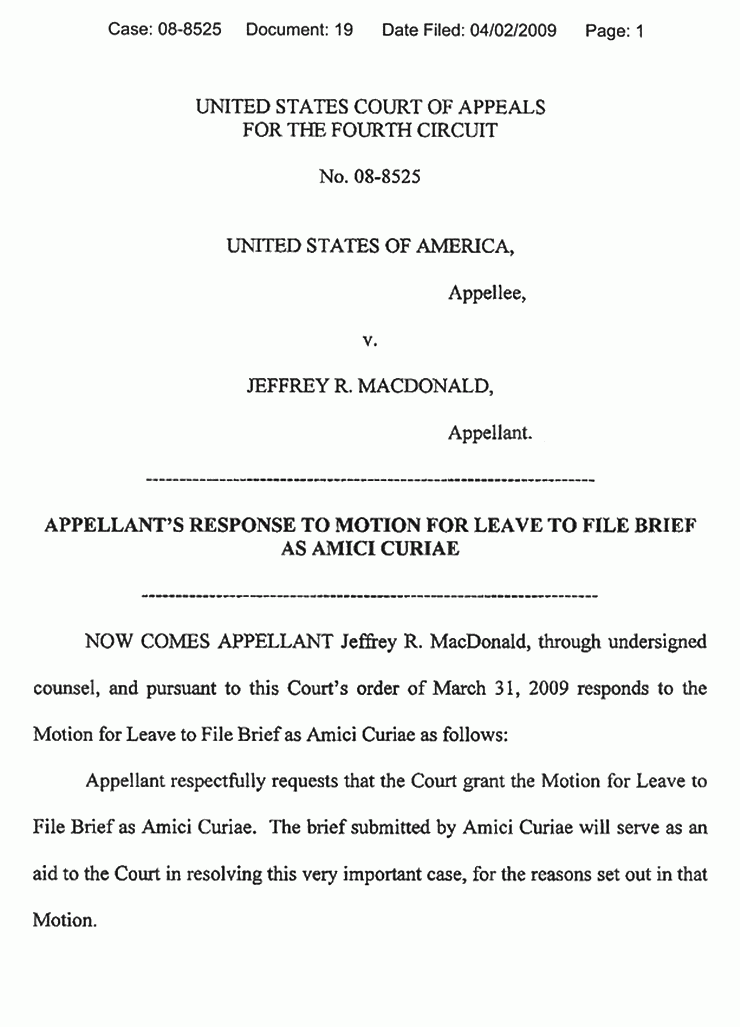 April 2, 2009: Appellant's Response to Motion for Leave to File Brief as Amicus Curiae, p. 1 of 2