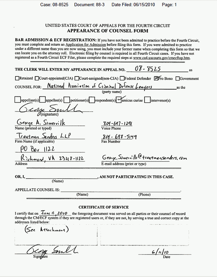 June 15, 2010: Appearnace of Counsel Form for George Somerville, National Association of Criminal Defense Lawyers, as Amicus Curiae (signed June 11, 2010), p. 1 of 2