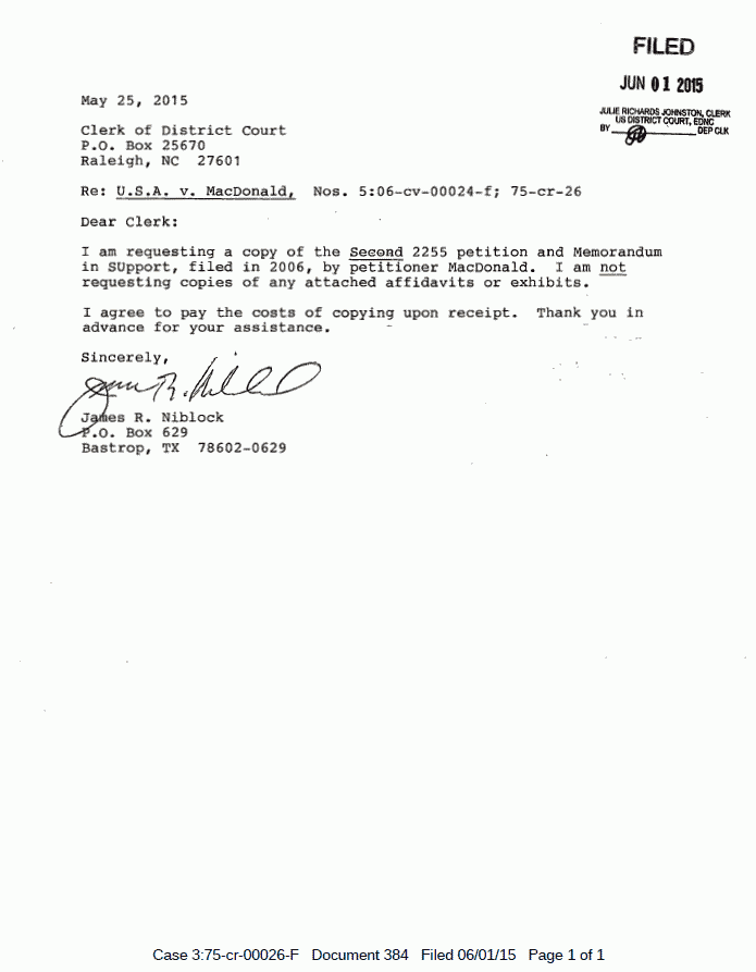 June 1, 2015: Request from Federal Prisoner James R. Niblock for copy of Jeffrey MacDonald's 2255 petition and Memorandum in Support (filed 2006), dated May 25, 2015, p. 1 of 2