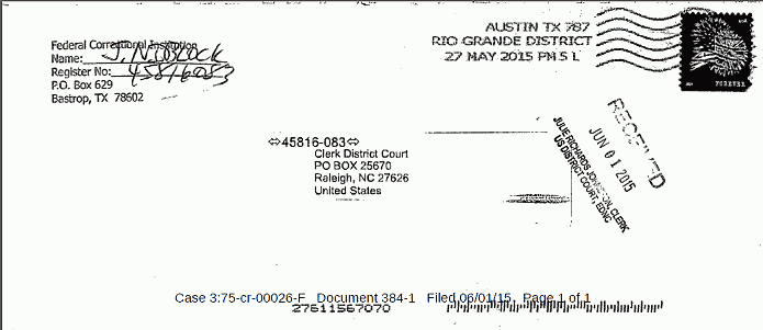 June 1, 2015: Envelope for request from Federal Prisoner James R. Niblock for copy of Jeffrey MacDonald's 2255 petition and Memorandum in Support (filed 2006), dated May 25, 2015, p. 2 of 2