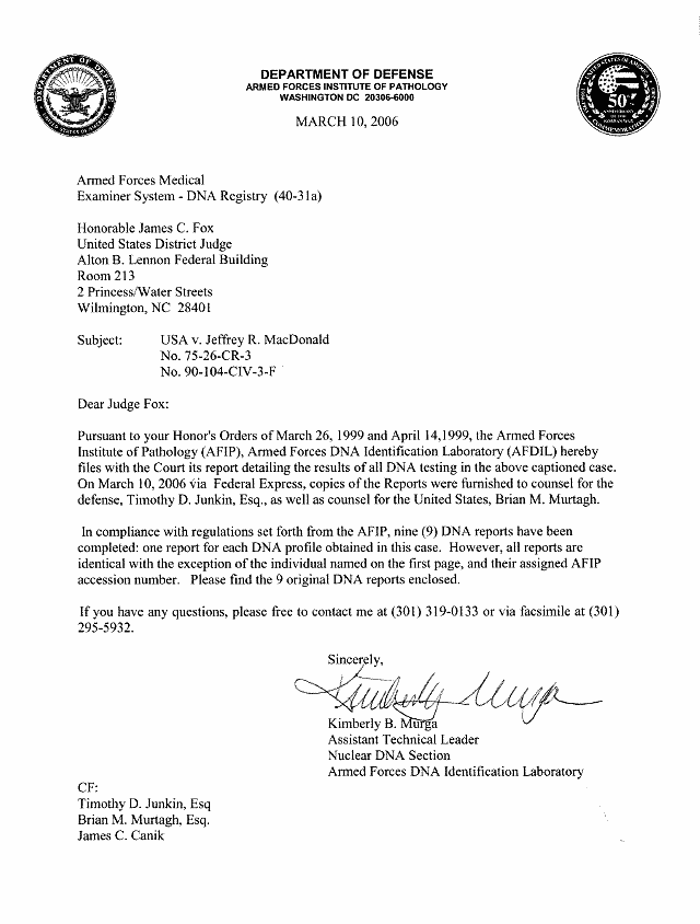 Jeffrey MacDonald DNA Test Results Cover Letter March 10 2006