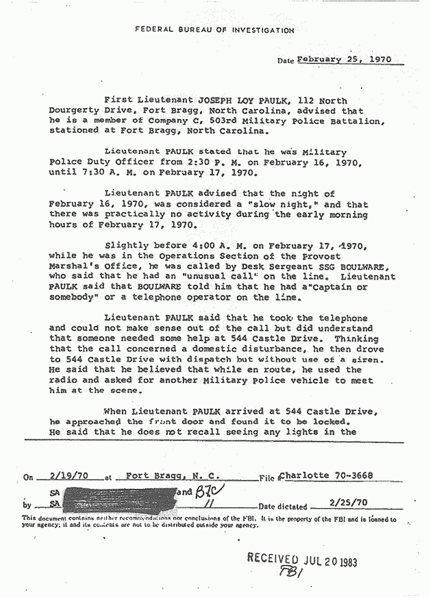 February 25, 1970: FBI File re: Feb. 19, 1970 interview of Lt. Joseph Paulk, p. 1 of 6