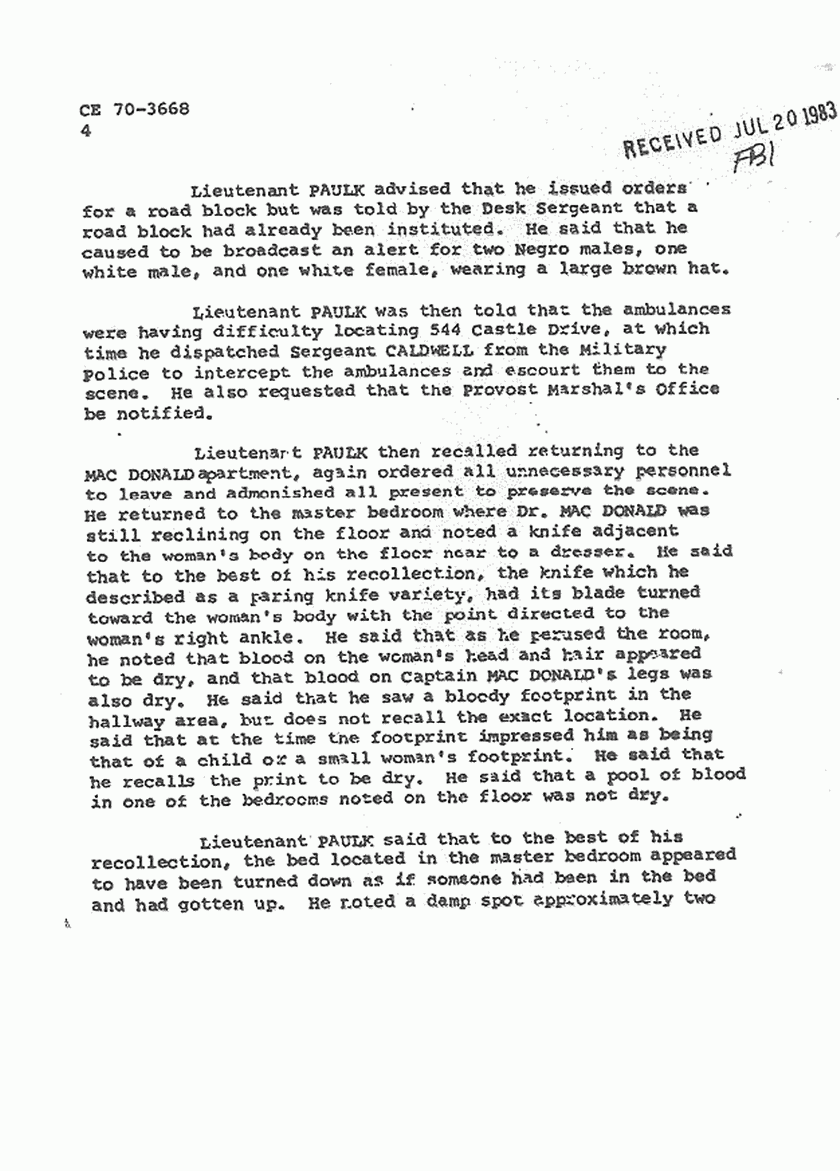 February 25, 1970: FBI File re: Feb. 19, 1970 interview of Lt. Joseph Paulk, p. 4 of 6
