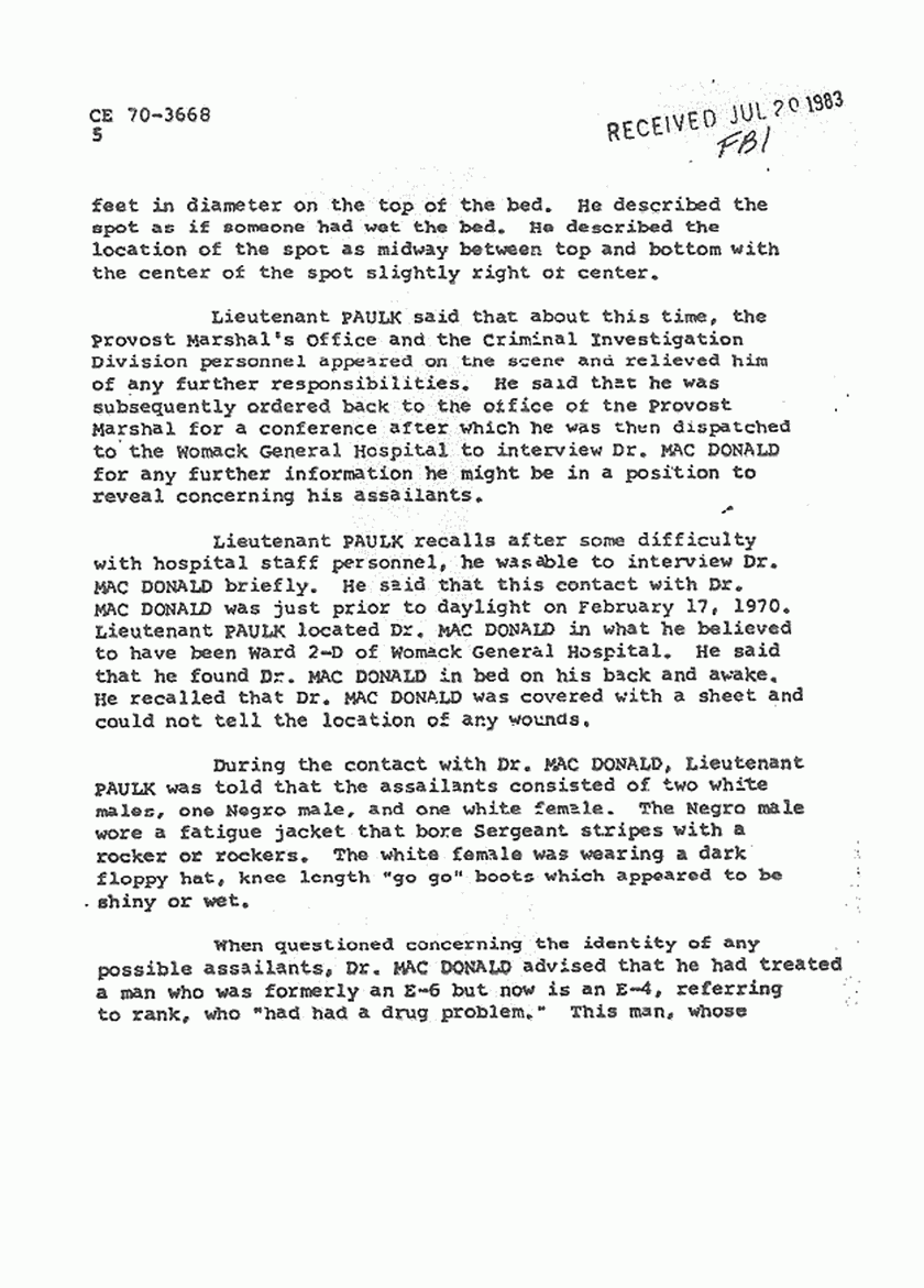 February 25, 1970: FBI File re: Feb. 19, 1970 interview of Lt. Joseph Paulk, p. 5 of 6