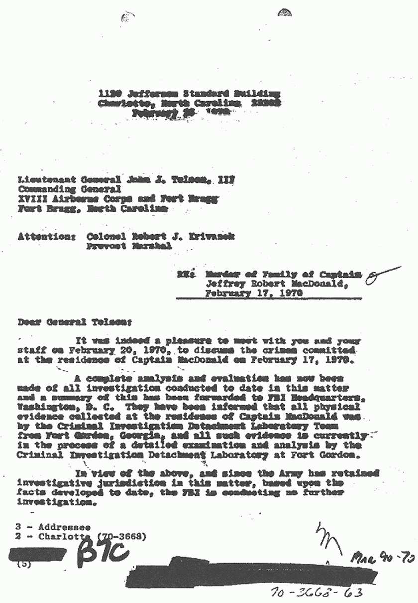 February 26, 1970: Letter from FBI SA Robert Murphy to Lt. General John Tolson, p. 1 of 2
