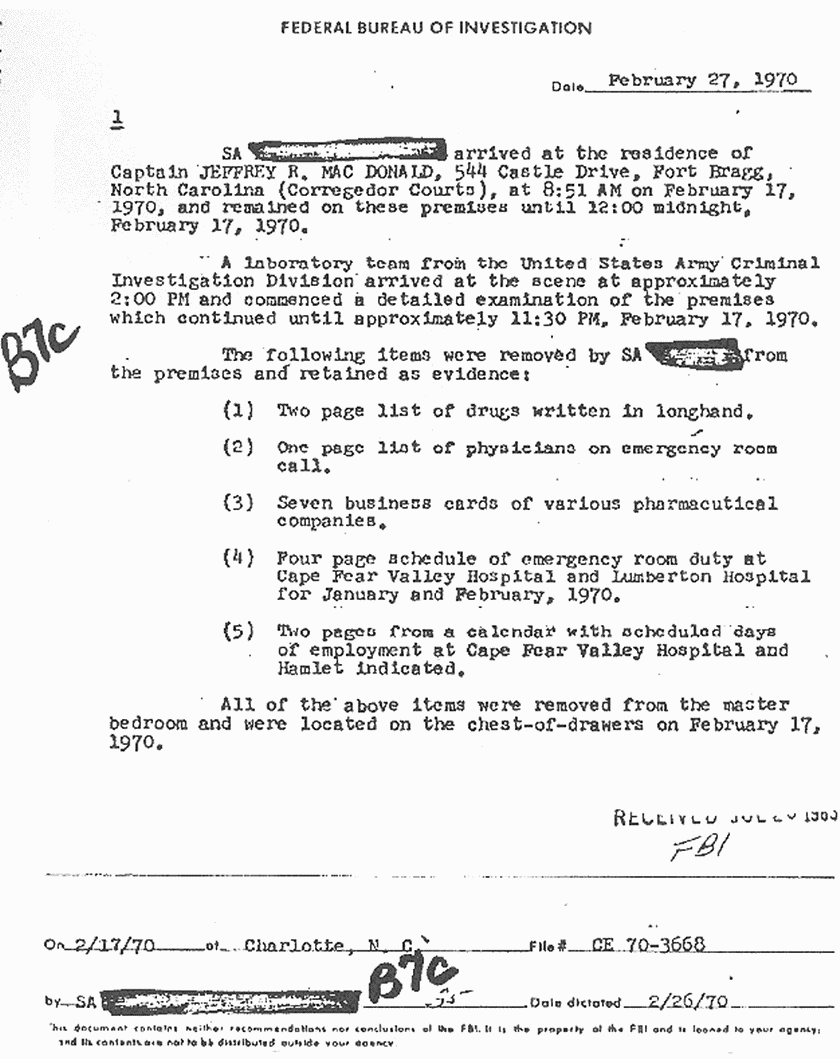 February 27, 1970: FBI File re: Evidence removed from 544 Castle Dr. on Feb. 17, 1970